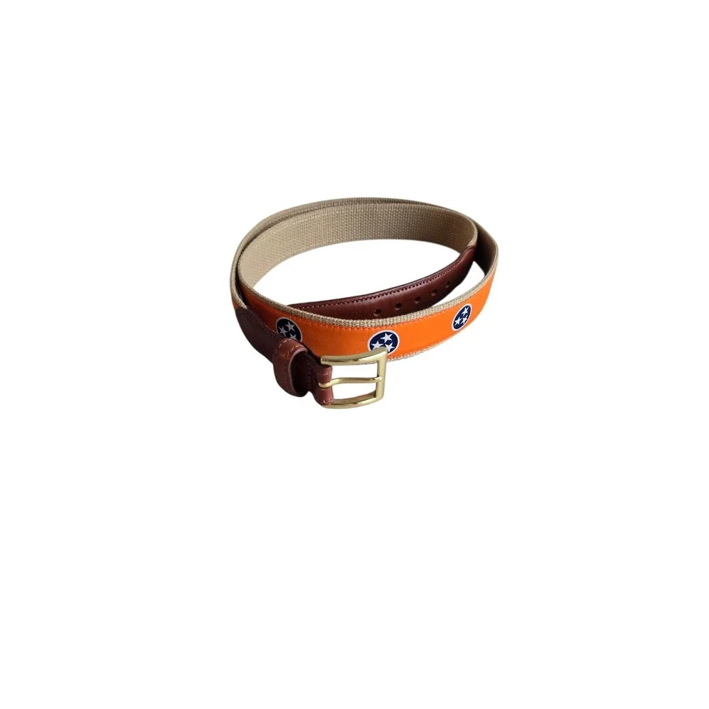 Volunteer Traditions Tennessee Tristar Ribbon Belt Orange Tan Leather Mens 44